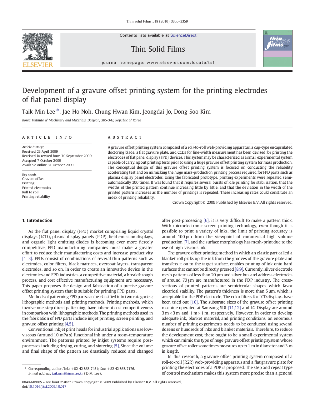 عکس صفحه اول مقاله: Development of a gravure offset printing system for the printing electrodes of flat panel display Development of a gravure offset printing system for the printing electrodes of flat panel display