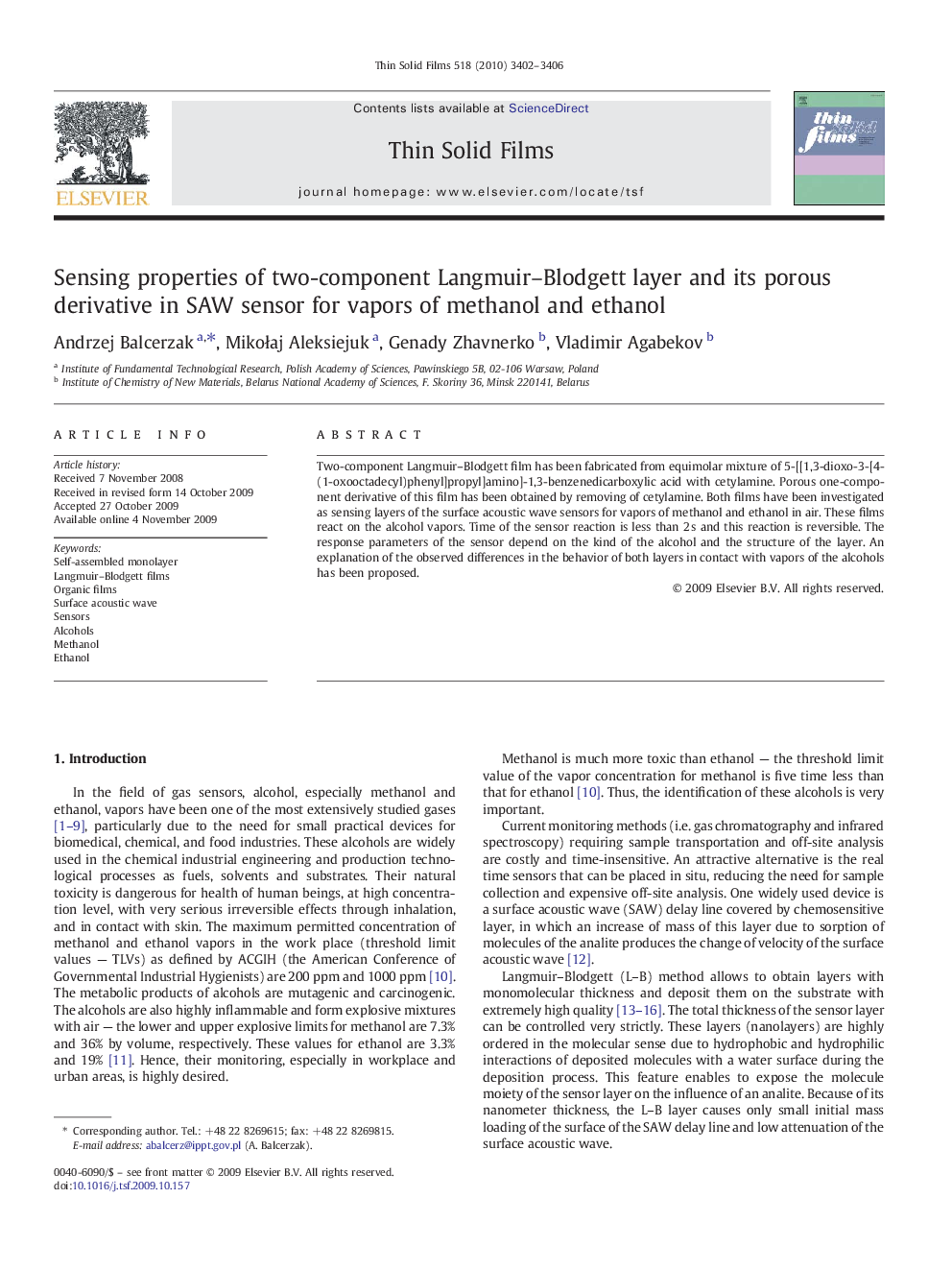 Sensing properties of two-component Langmuir–Blodgett layer and its porous derivative in SAW sensor for vapors of methanol and ethanol