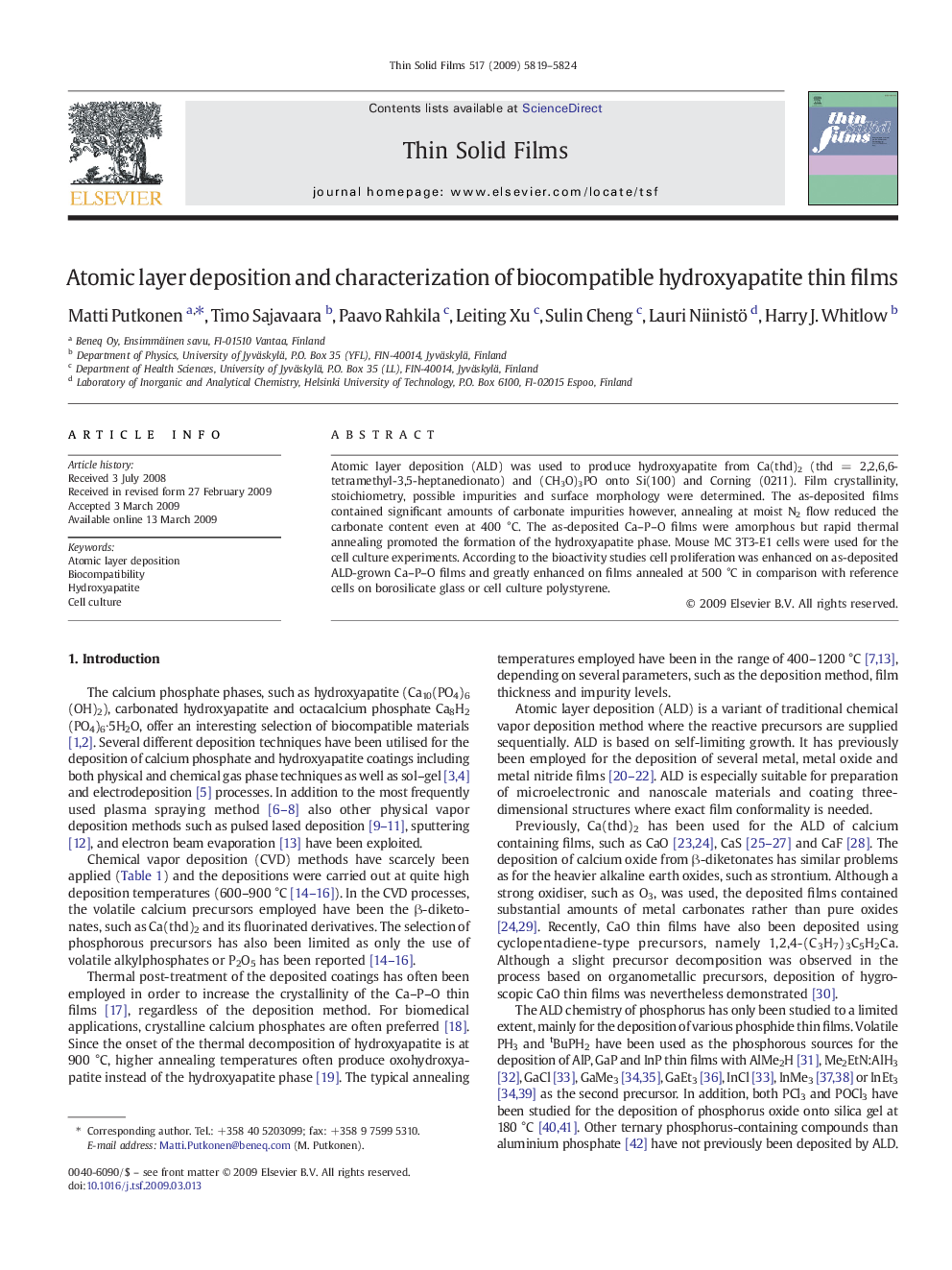 Atomic layer deposition and characterization of biocompatible hydroxyapatite thin films