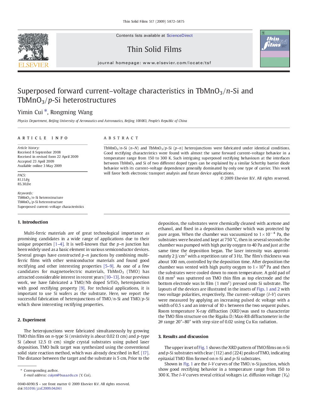 عکس صفحه اول مقاله: Superposed forward current-voltage characteristics in TbMnO3/n-Si and TbMnO3/p-Si heterostructures Superposed forward current-voltage characteristics in TbMnO3/n-Si and TbMnO3/p-Si heterostructures