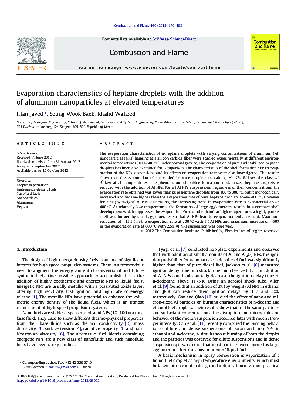 Evaporation characteristics of heptane droplets with the addition of aluminum nanoparticles at elevated temperatures