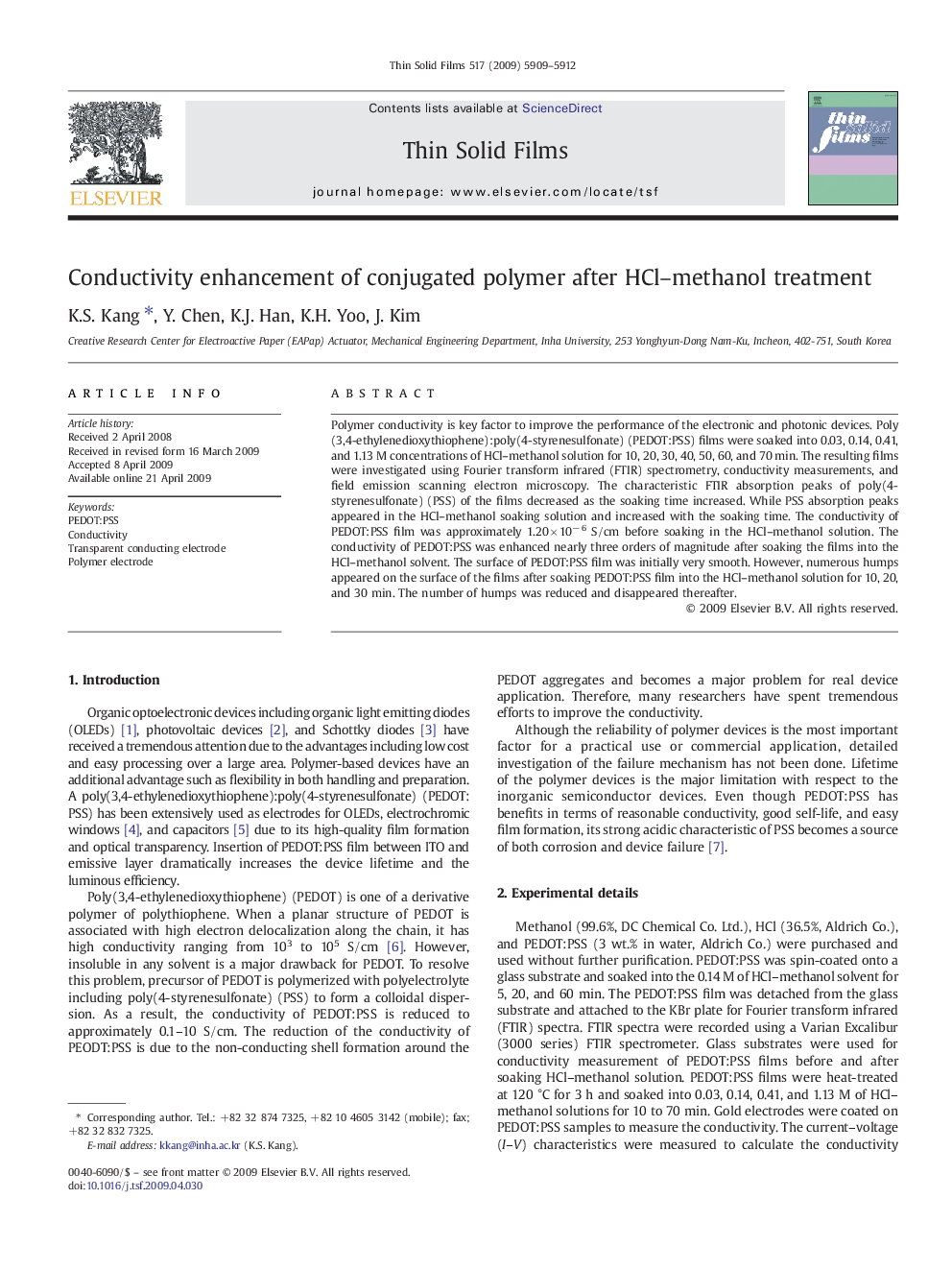 Conductivity enhancement of conjugated polymer after HCl–methanol treatment