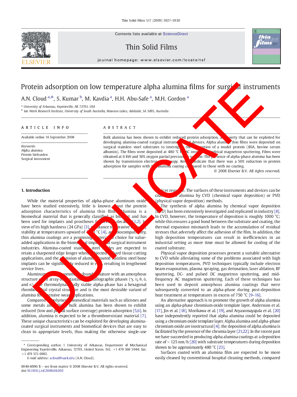 عکس صفحه اول مقاله: WITHDRAWN: Protein adsorption on low temperature alpha alumina films for surgical instruments WITHDRAWN: Protein adsorption on low temperature alpha alumina films for surgical instruments