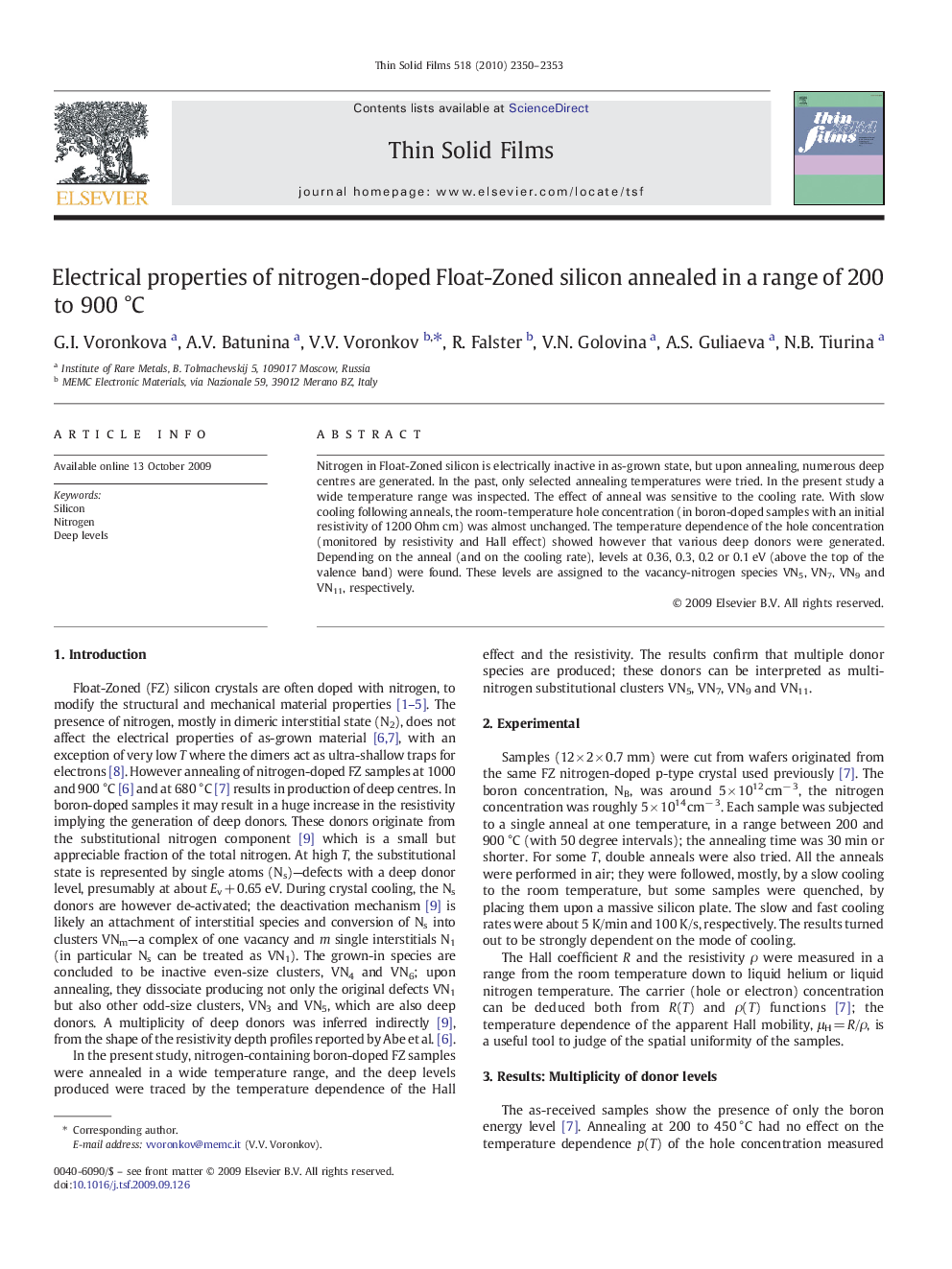 Electrical properties of nitrogen-doped Float-Zoned silicon annealed in a range of 200 to 900 °C