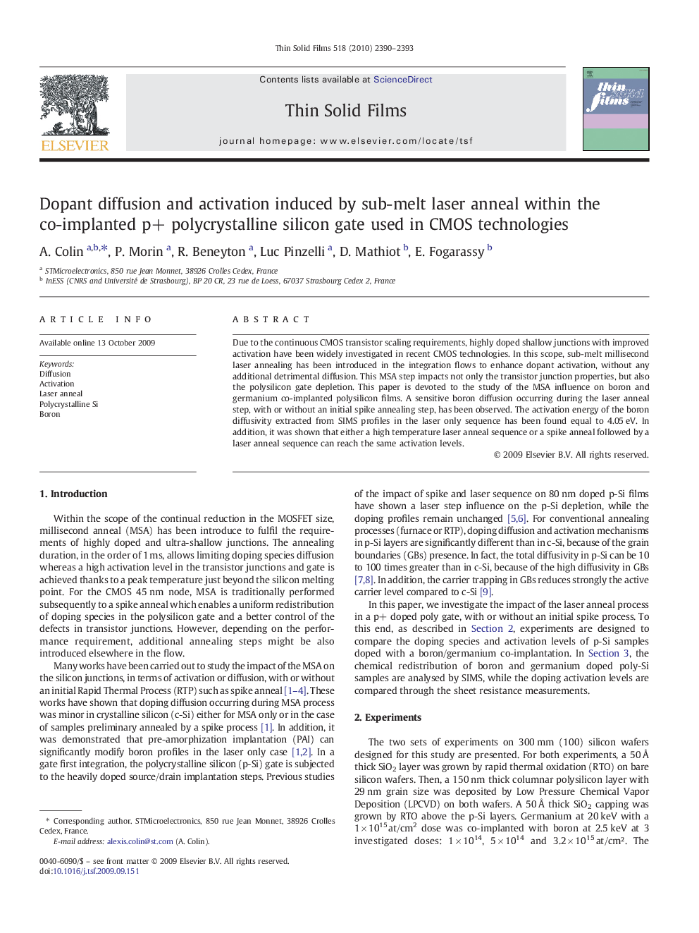 Dopant diffusion and activation induced by sub-melt laser anneal within the co-implanted p+ polycrystalline silicon gate used in CMOS technologies