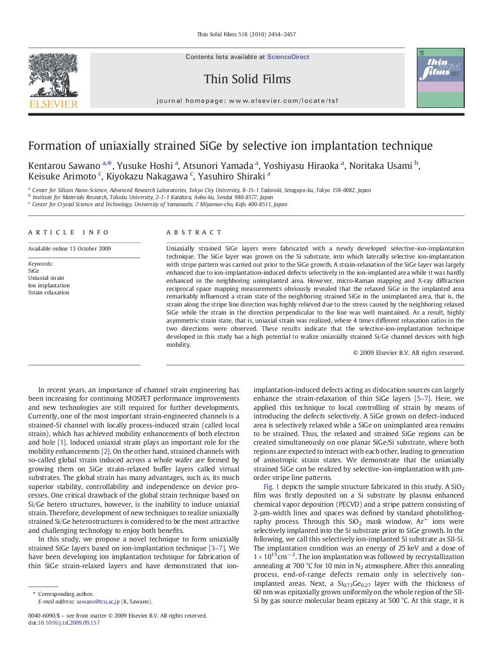 Formation of uniaxially strained SiGe by selective ion implantation technique