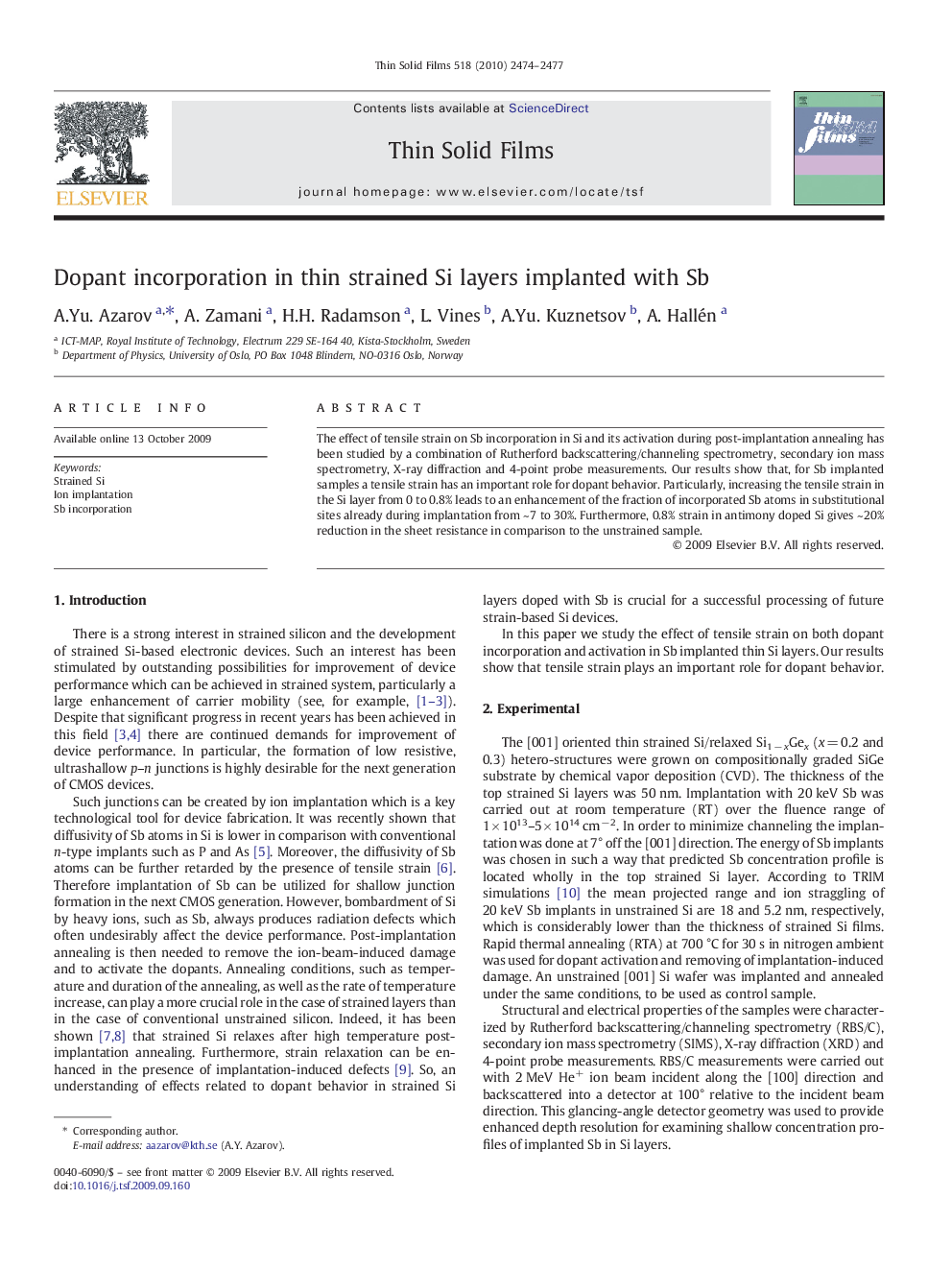 Dopant incorporation in thin strained Si layers implanted with Sb