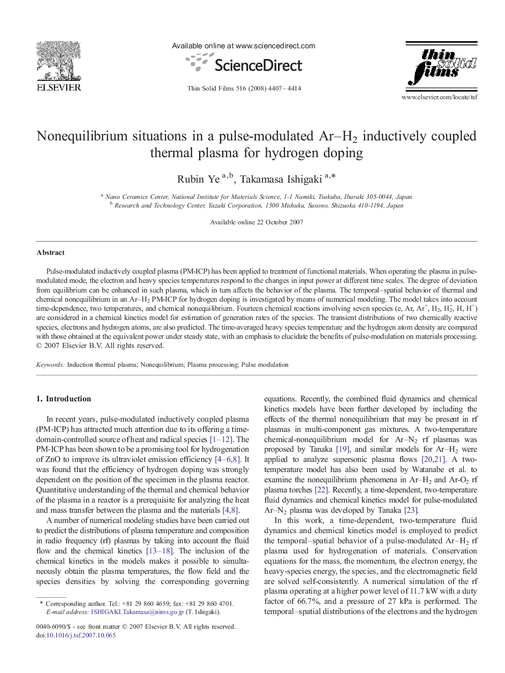 Nonequilibrium situations in a pulse-modulated Ar–H2 inductively coupled thermal plasma for hydrogen doping