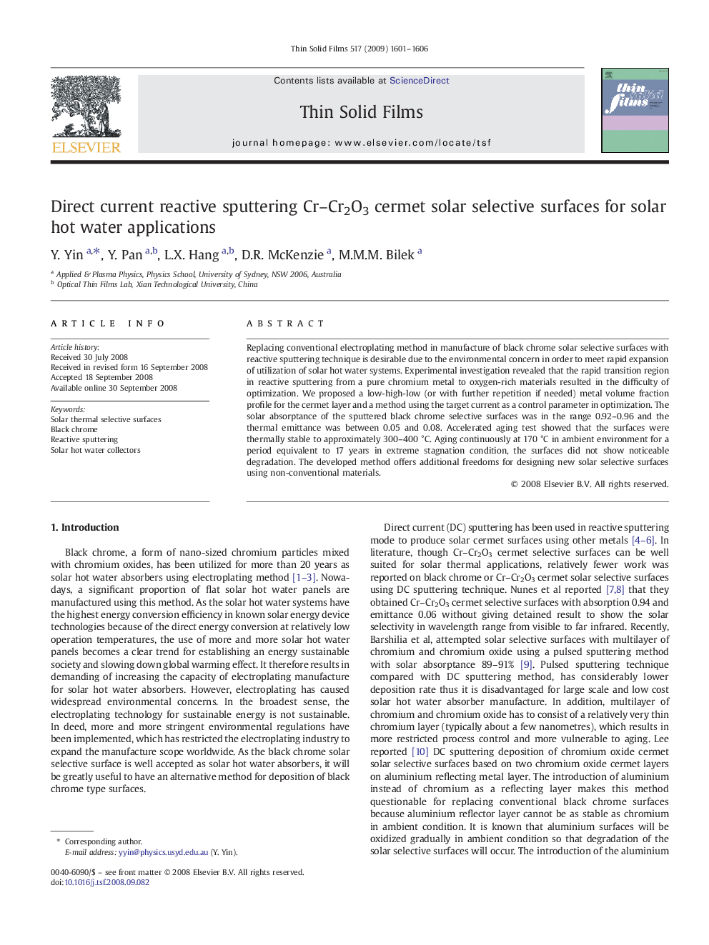 Direct current reactive sputtering Cr–Cr2O3 cermet solar selective surfaces for solar hot water applications