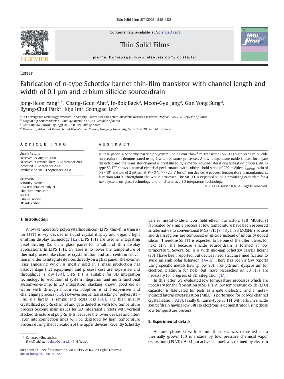 Fabrication of n-type Schottky barrier thin-film transistor with channel length and width of 0.1Â Î¼m and erbium silicide source/drain