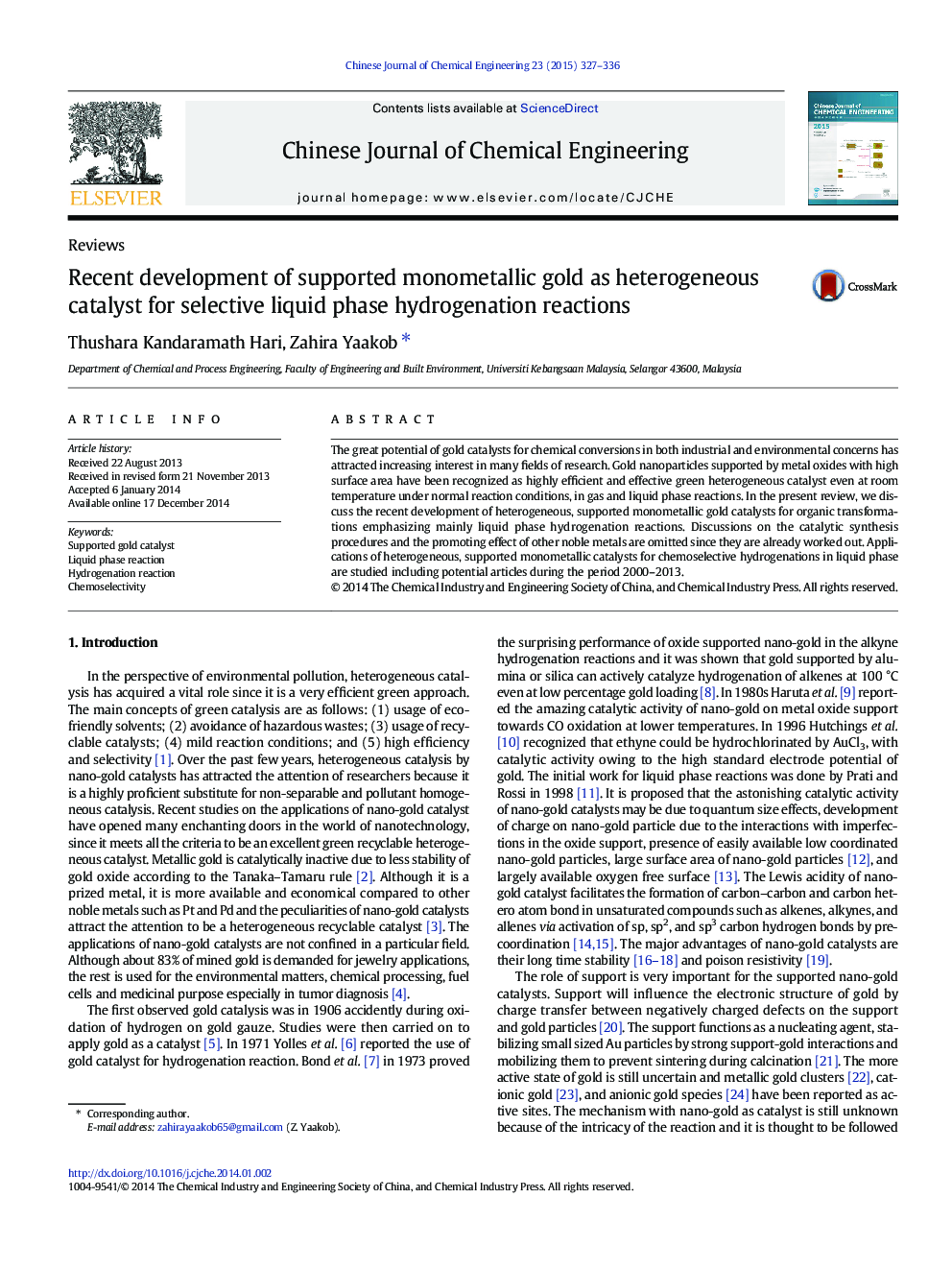 Recent development of supported monometallic gold as heterogeneous catalyst for selective liquid phase hydrogenation reactions