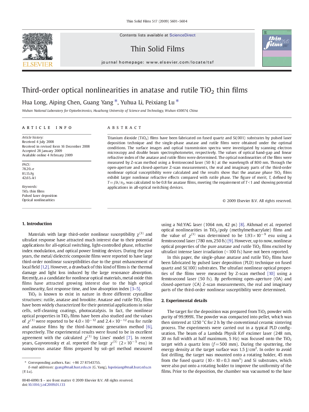 Third-order optical nonlinearities in anatase and rutile TiO2 thin films