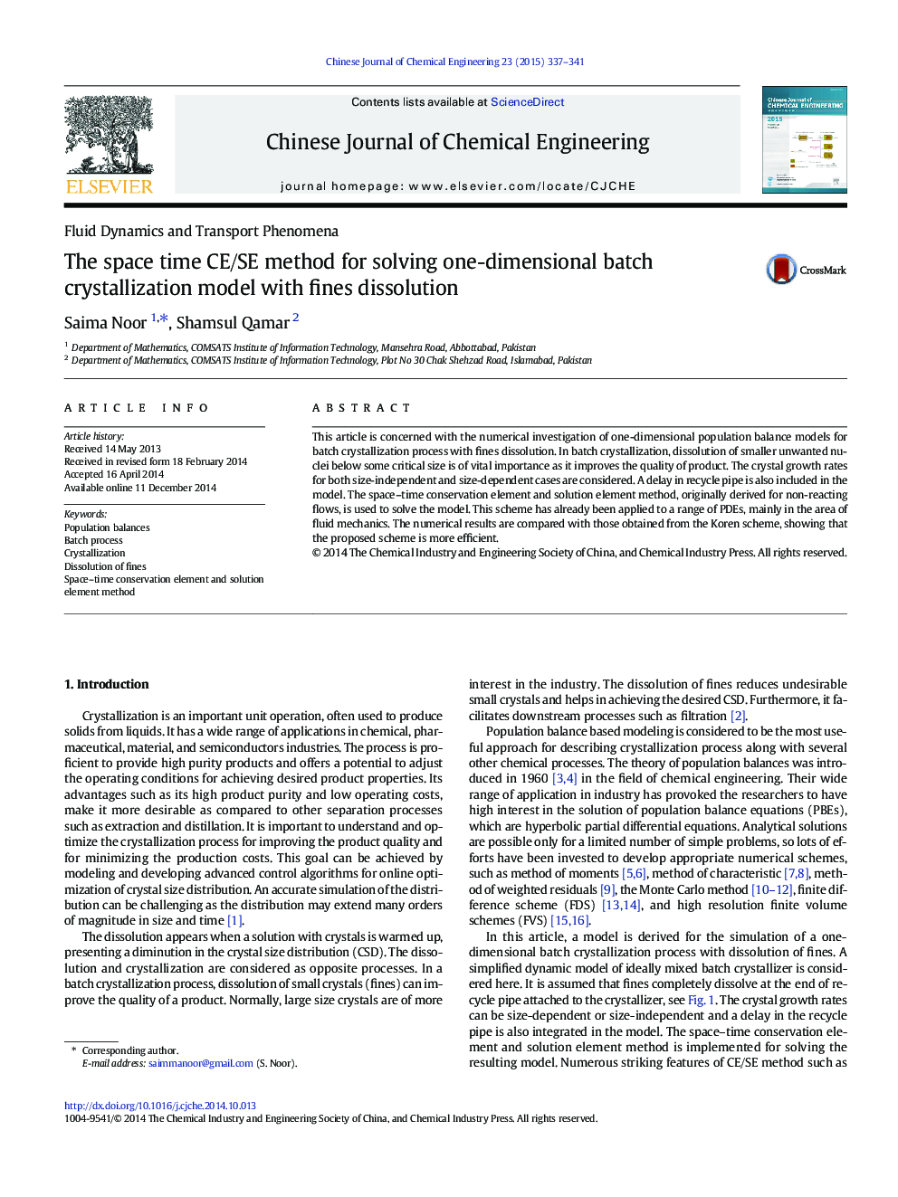 The space time CE/SE method for solving one-dimensional batch crystallization model with fines dissolution