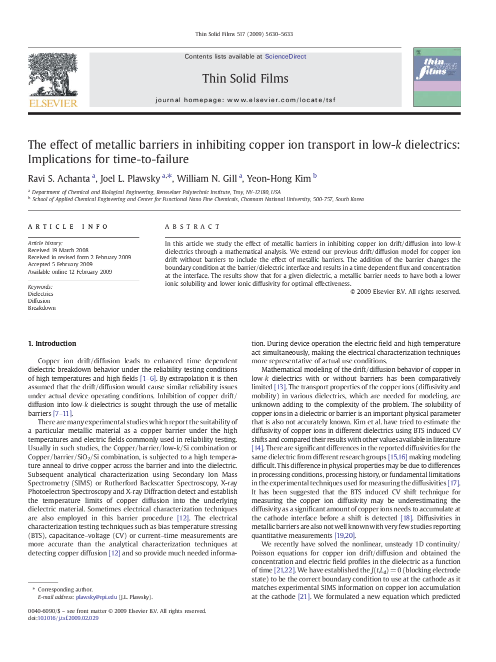عکس صفحه اول مقاله: The effect of metallic barriers in inhibiting copper ion transport in low-k dielectrics: Implications for time-to-failure The effect of metallic barriers in inhibiting copper ion transport in low-k dielectrics: Implications for time-to-failure