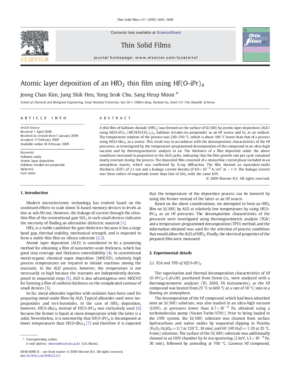 Atomic layer deposition of an HfO2 thin film using Hf(O-iPr)4