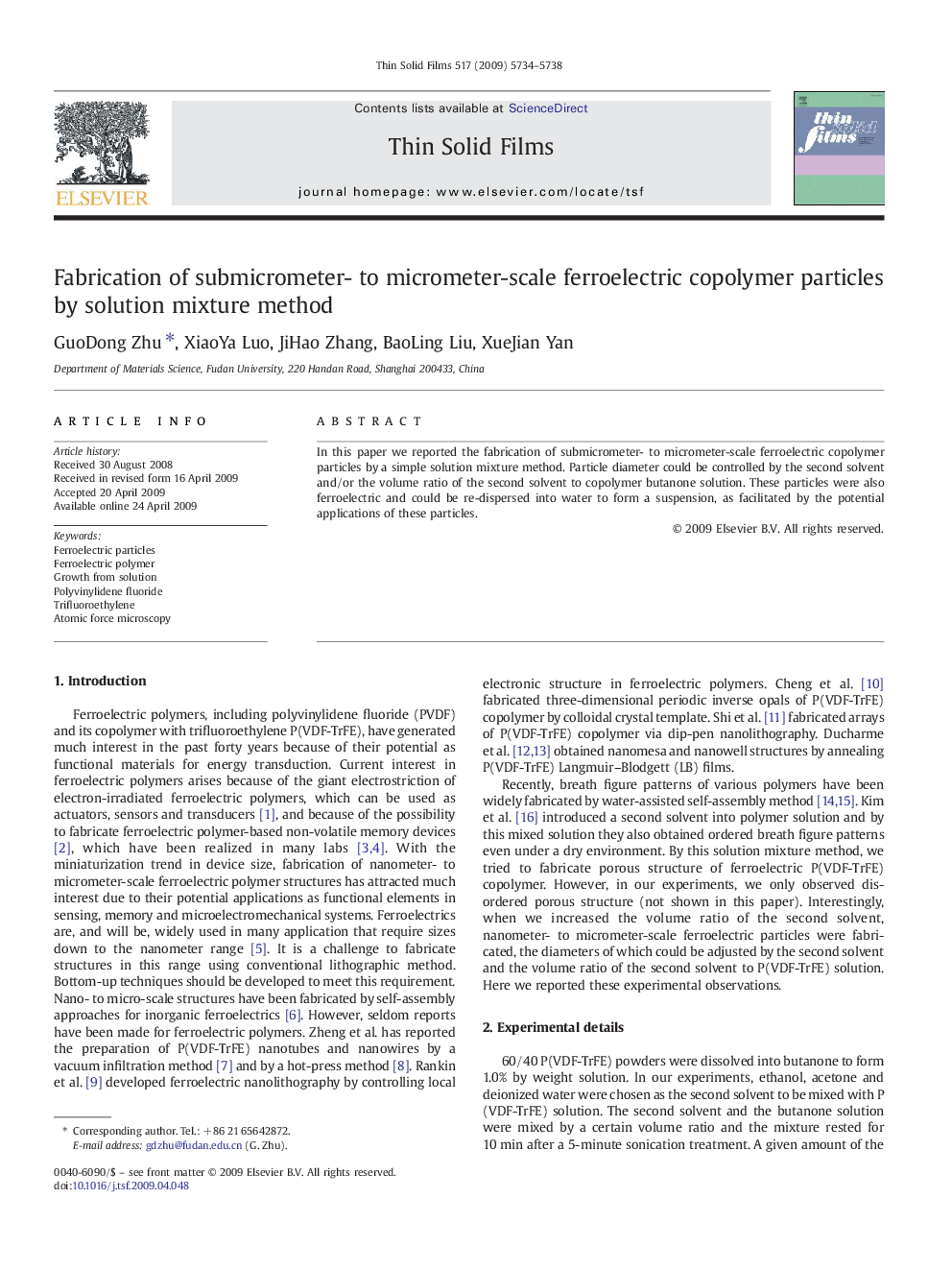 Fabrication of submicrometer- to micrometer-scale ferroelectric copolymer particles by solution mixture method