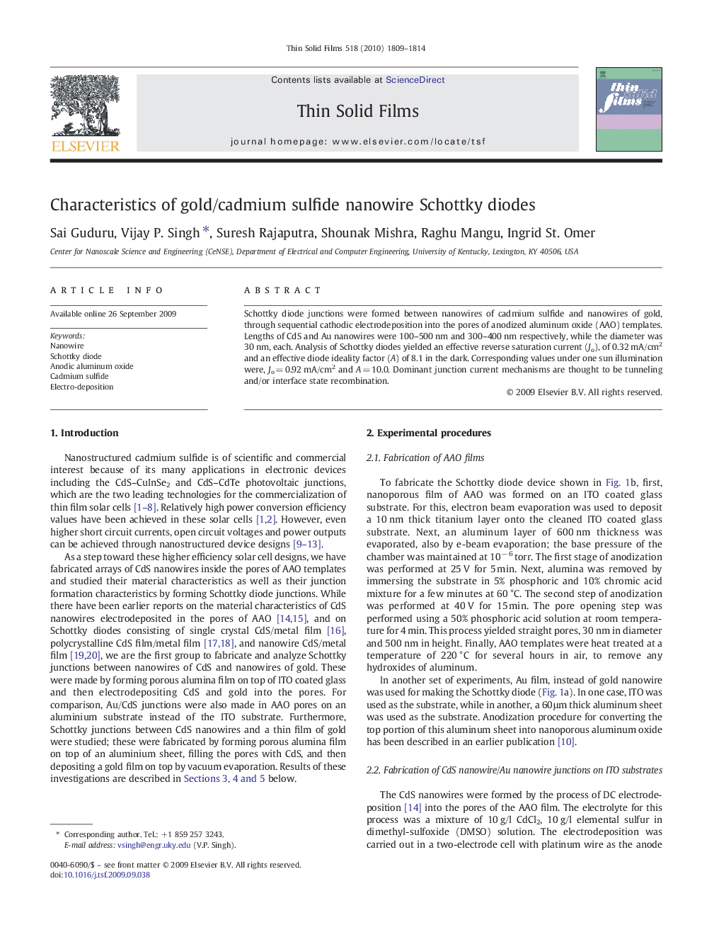 Characteristics of gold/cadmium sulfide nanowire Schottky diodes