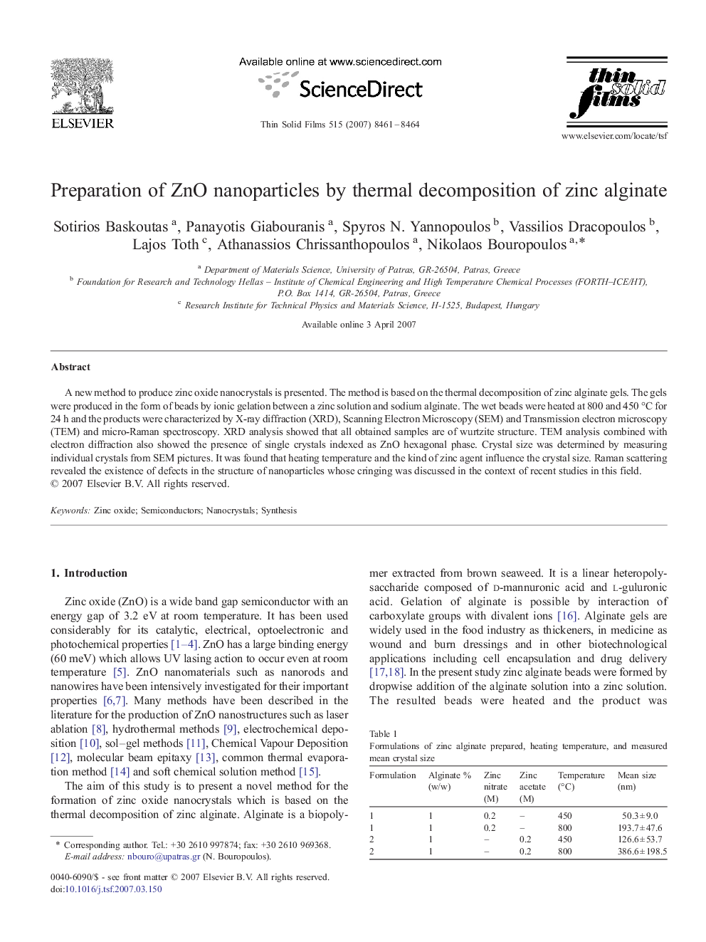 Preparation of ZnO nanoparticles by thermal decomposition of zinc alginate