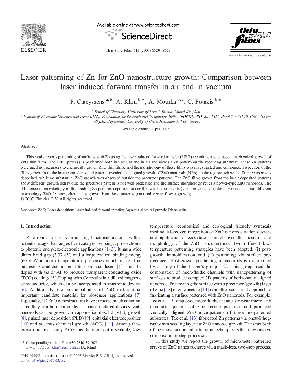 Laser patterning of Zn for ZnO nanostructure growth: Comparison between laser induced forward transfer in air and in vacuum