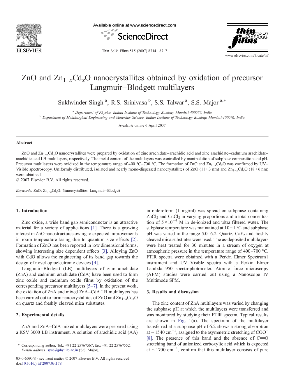 ZnO and Zn1−xCdxO nanocrystallites obtained by oxidation of precursor Langmuir–Blodgett multilayers