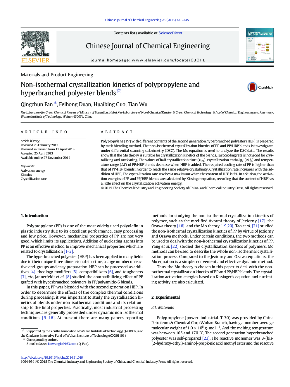 Non-isothermal crystallization kinetics of polypropylene and hyperbranched polyester blends 