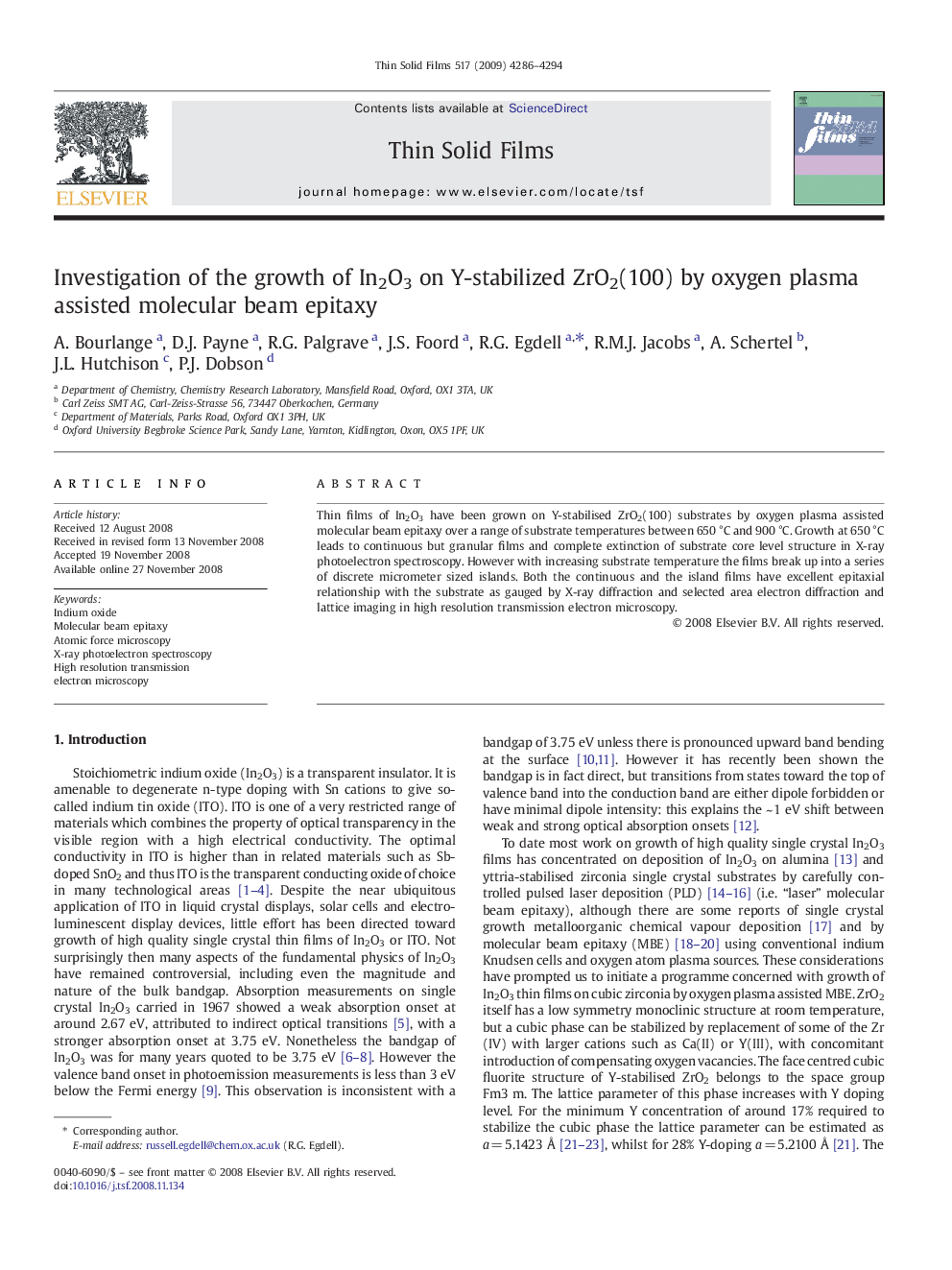 Investigation of the growth of In2O3 on Y-stabilized ZrO2(100) by oxygen plasma assisted molecular beam epitaxy