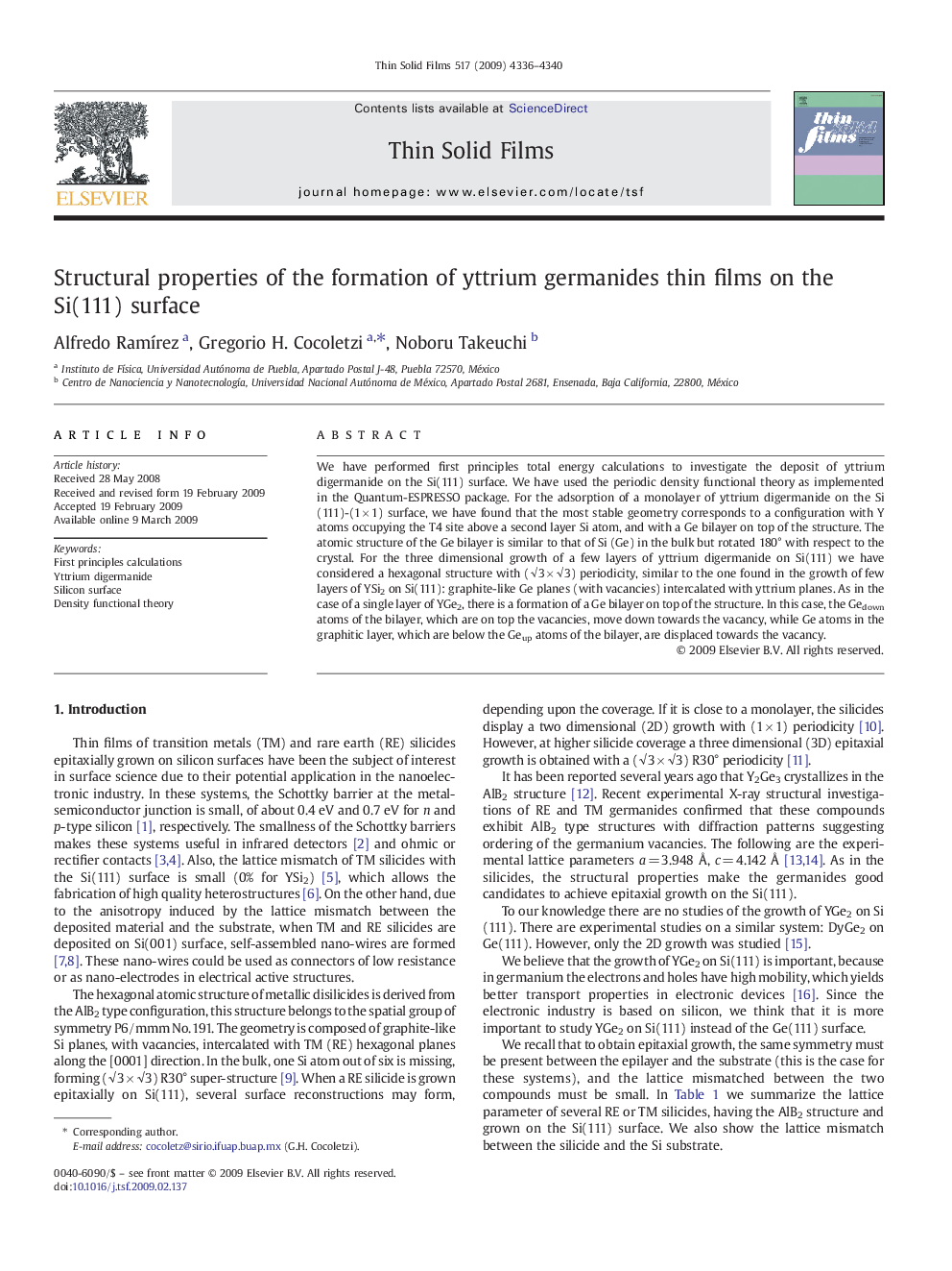 Structural properties of the formation of yttrium germanides thin films on the Si(111) surface