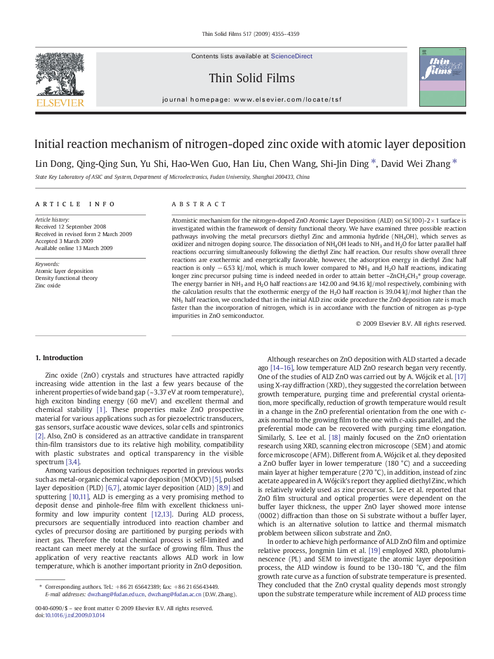 Initial reaction mechanism of nitrogen-doped zinc oxide with atomic layer deposition