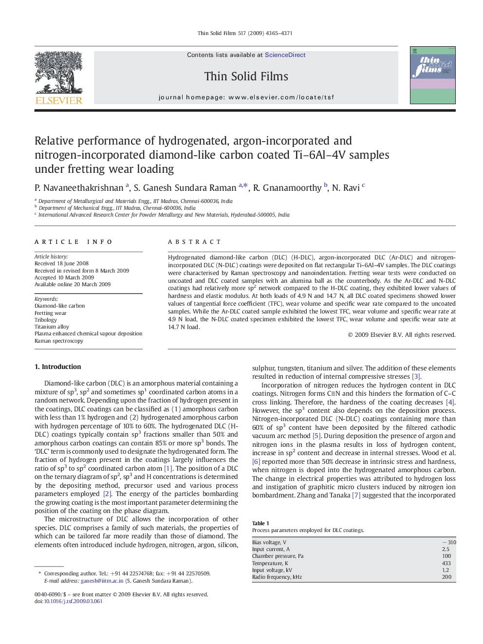 Relative performance of hydrogenated, argon-incorporated and nitrogen-incorporated diamond-like carbon coated Ti-6Al-4V samples under fretting wear loading