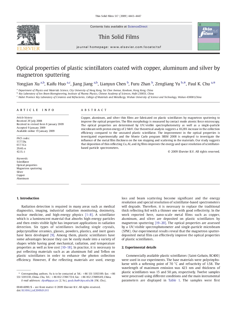 عکس صفحه اول مقاله: Optical properties of plastic scintillators coated with copper, aluminum and silver by magnetron sputtering Optical properties of plastic scintillators coated with copper, aluminum and silver by magnetron sputtering