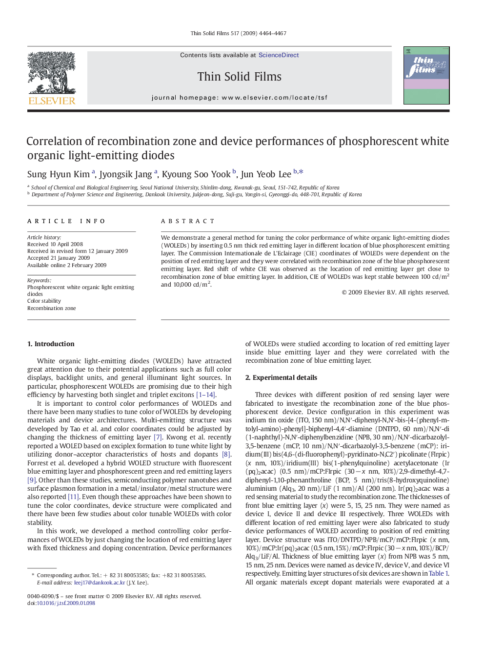 Correlation of recombination zone and device performances of phosphorescent white organic light-emitting diodes