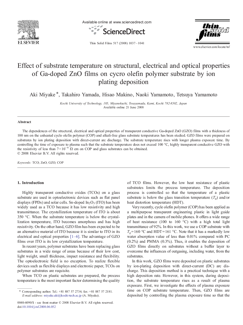 Effect of substrate temperature on structural, electrical and optical properties of Ga-doped ZnO films on cycro olefin polymer substrate by ion plating deposition