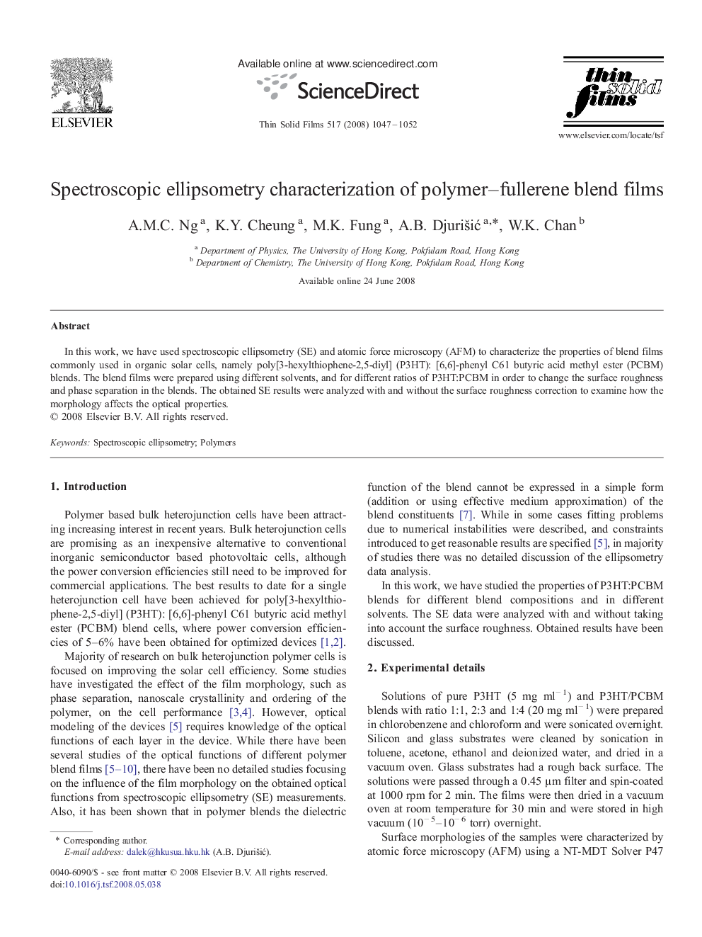 Spectroscopic ellipsometry characterization of polymer–fullerene blend films