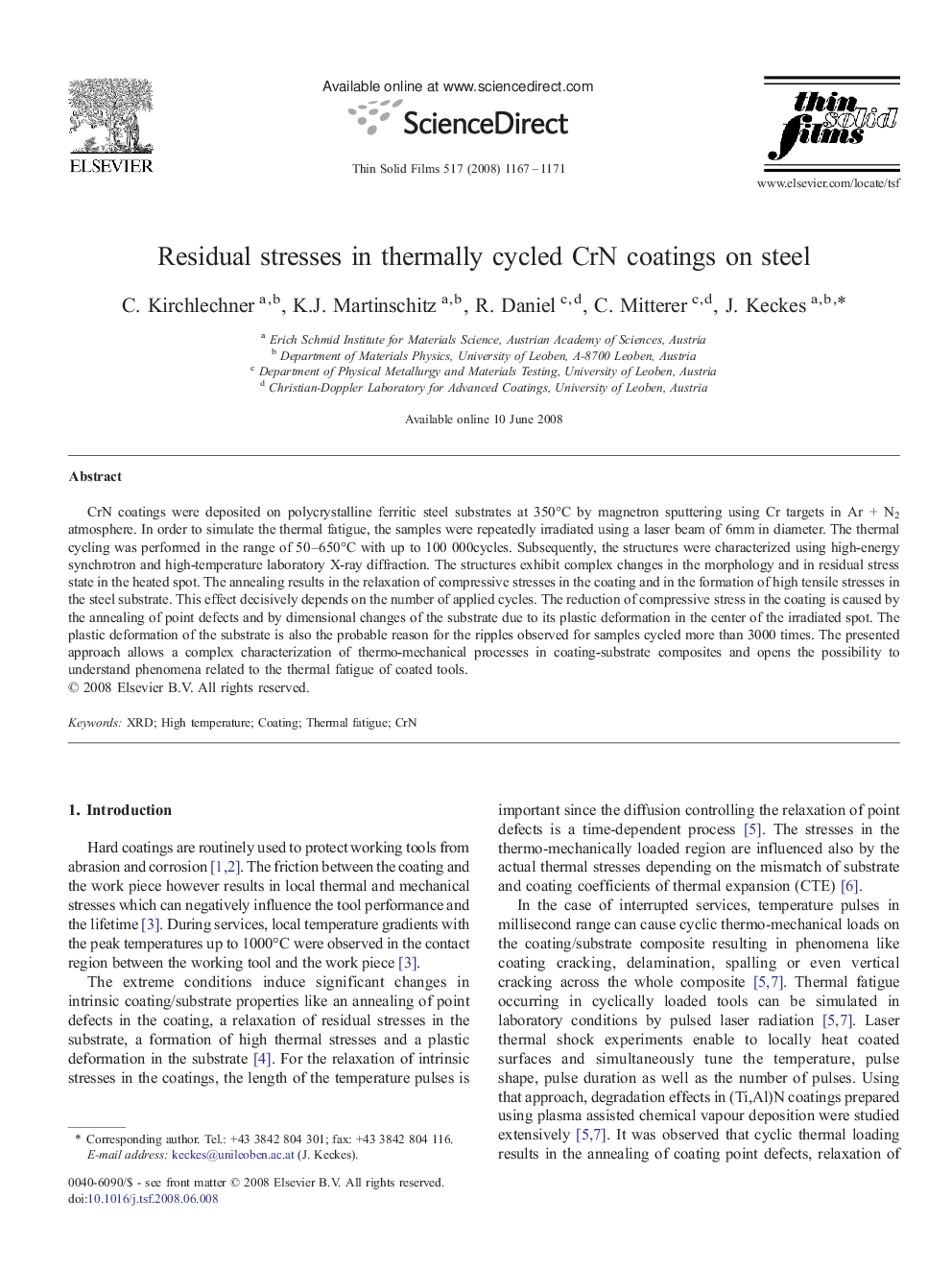 Residual stresses in thermally cycled CrN coatings on steel