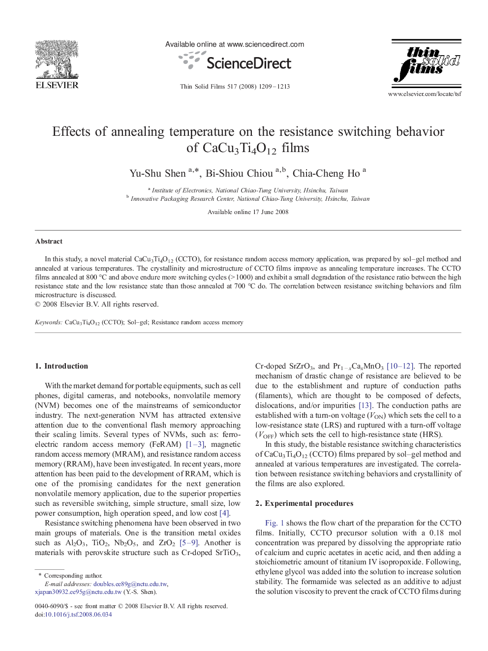 Effects of annealing temperature on the resistance switching behavior of CaCu3Ti4O12 films