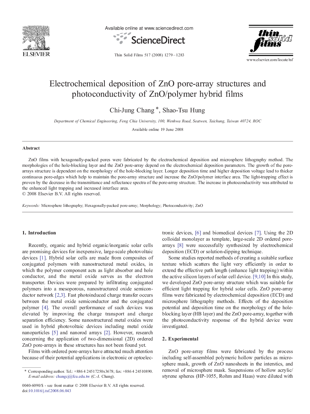 Electrochemical deposition of ZnO pore-array structures and photoconductivity of ZnO/polymer hybrid films