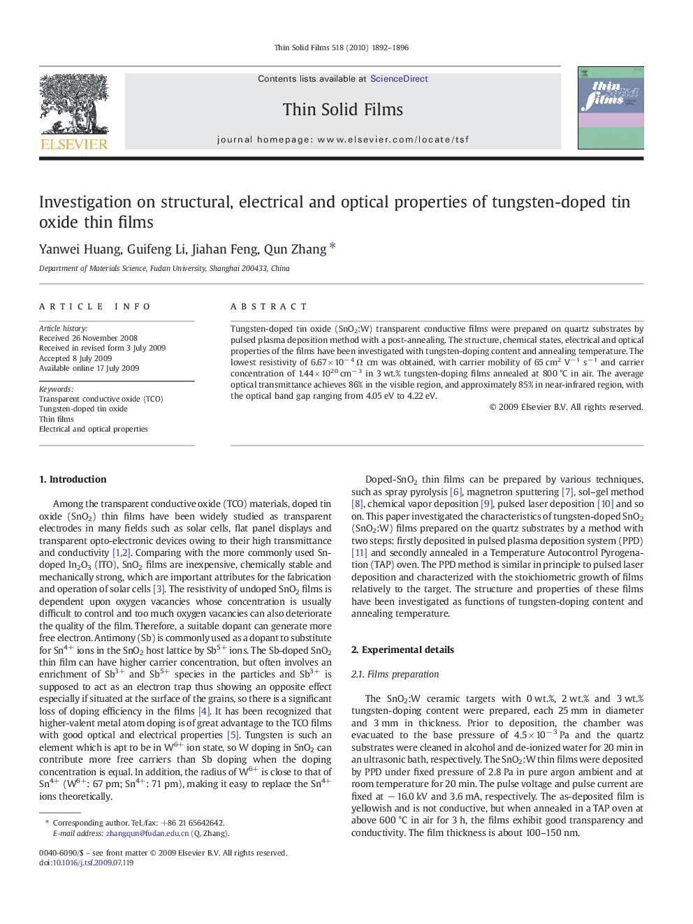 Investigation on structural, electrical and optical properties of tungsten-doped tin oxide thin films