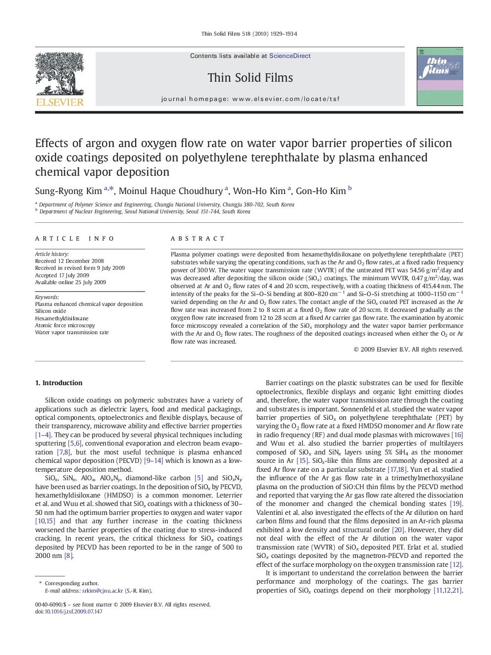 Effects of argon and oxygen flow rate on water vapor barrier properties of silicon oxide coatings deposited on polyethylene terephthalate by plasma enhanced chemical vapor deposition