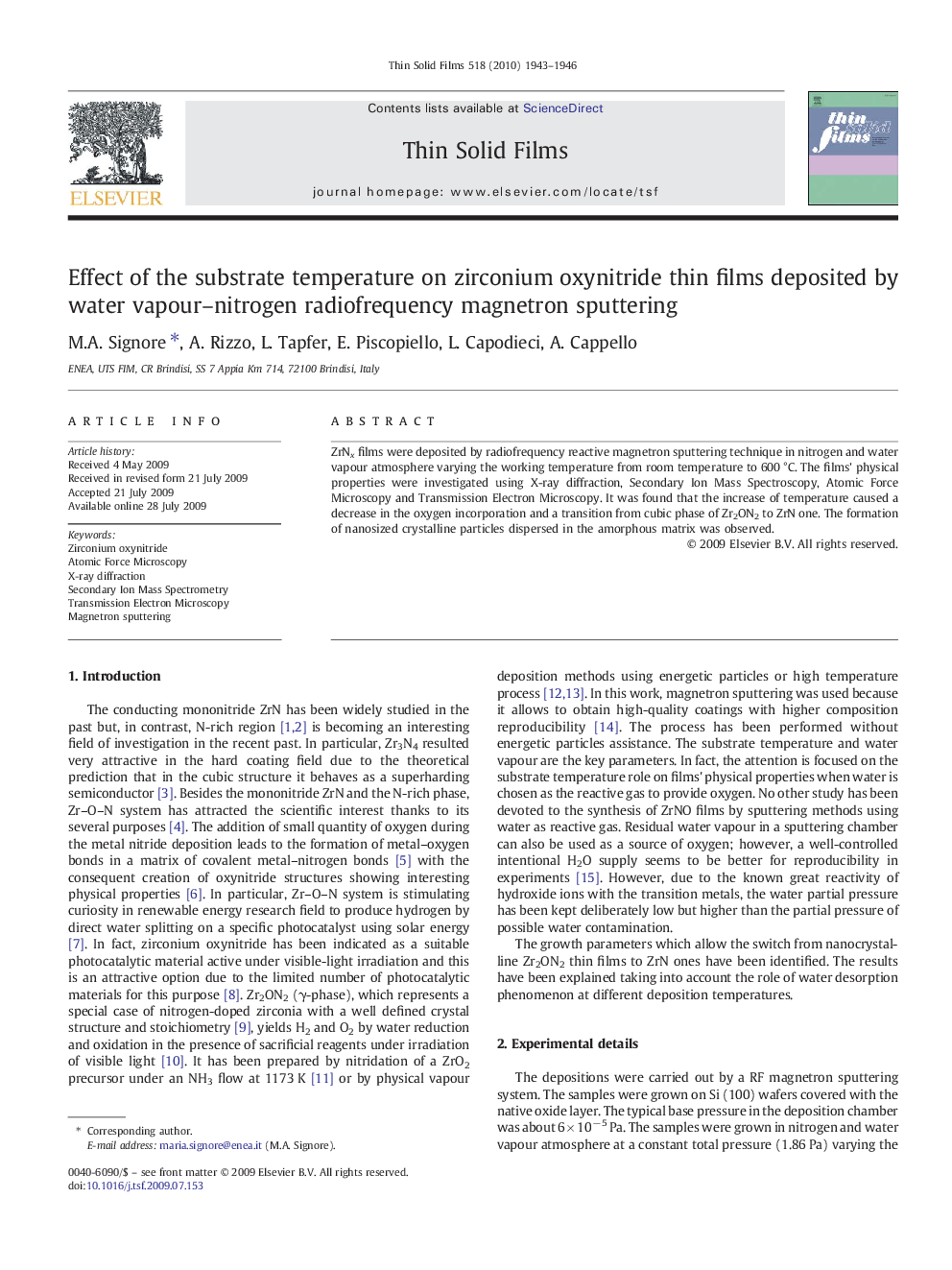 Effect of the substrate temperature on zirconium oxynitride thin films deposited by water vapour–nitrogen radiofrequency magnetron sputtering