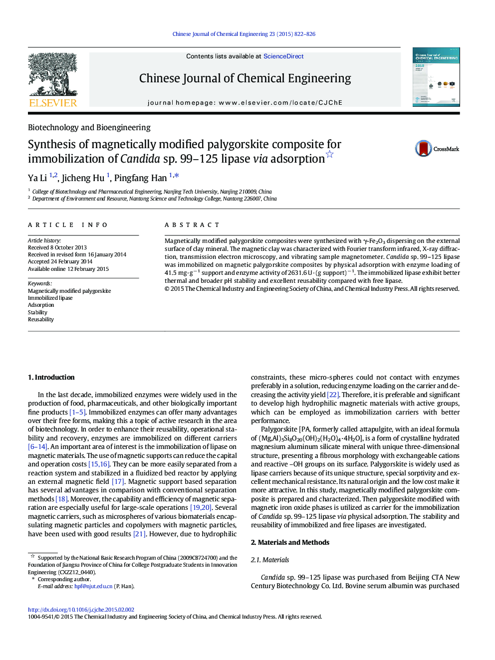 Synthesis of magnetically modified palygorskite composite for immobilization of Candida sp. 99–125 lipase via adsorption 