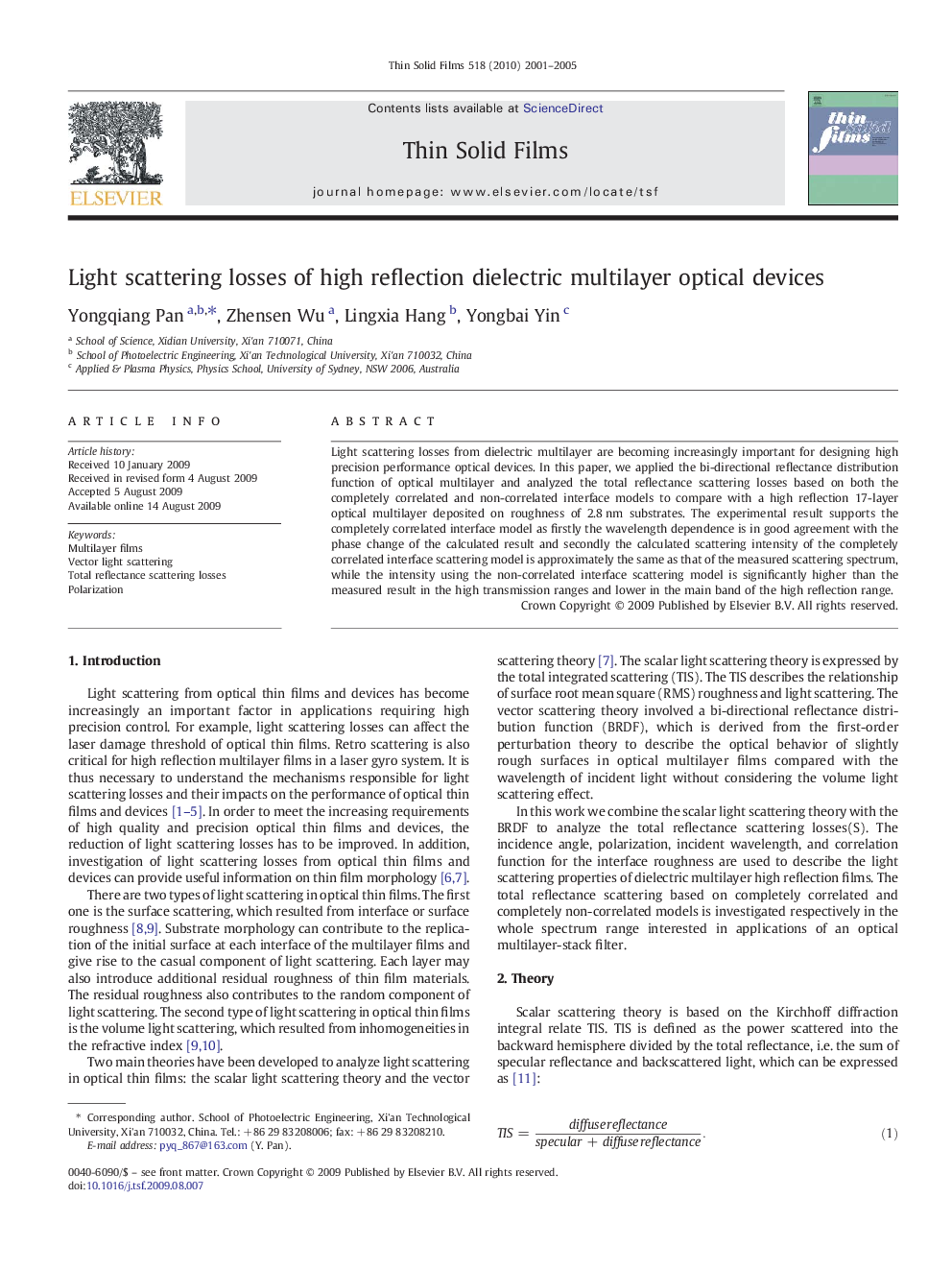 عکس صفحه اول مقاله: Light scattering losses of high reflection dielectric multilayer optical devices Light scattering losses of high reflection dielectric multilayer optical devices