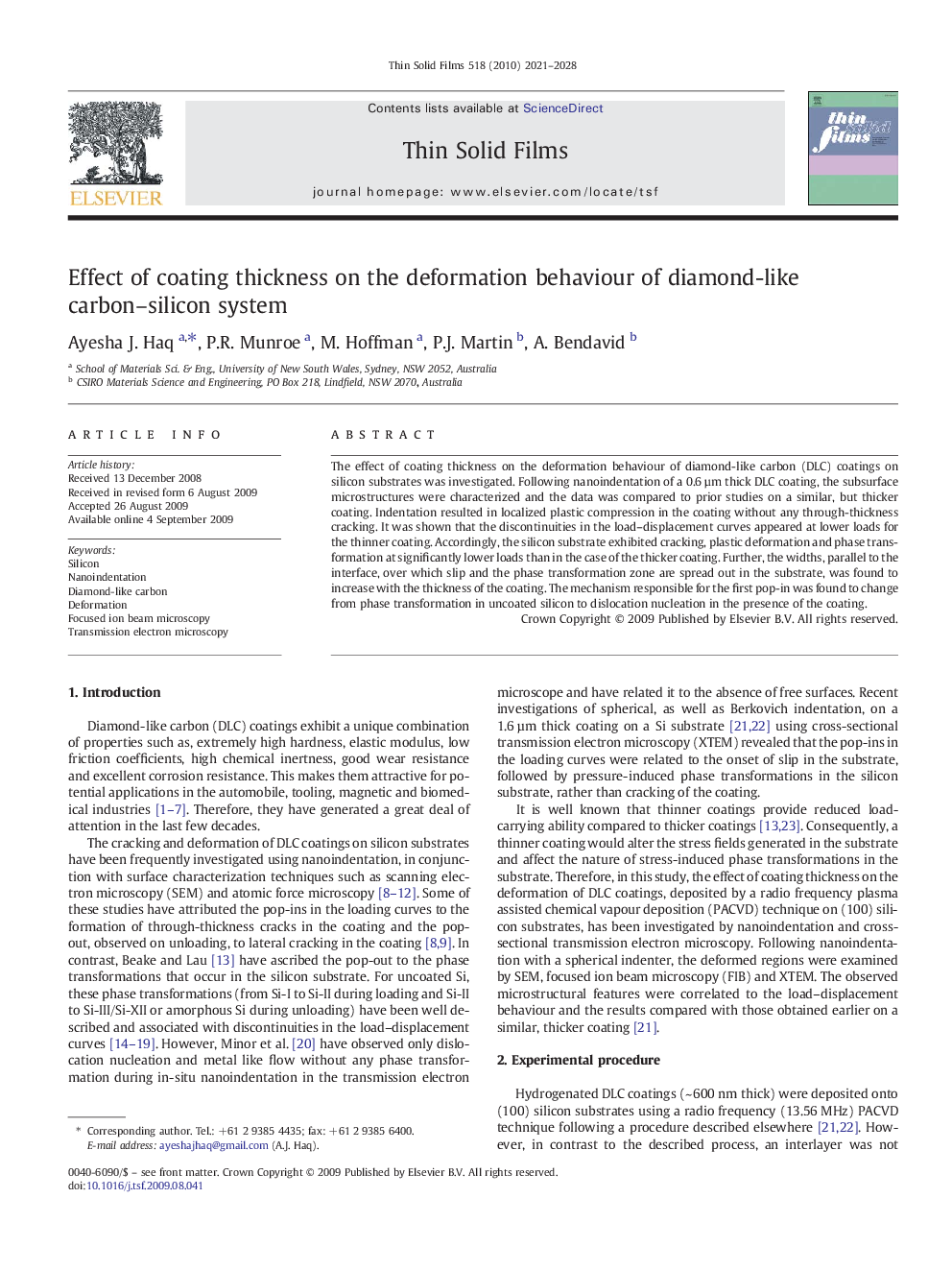 Effect of coating thickness on the deformation behaviour of diamond-like carbon-silicon system