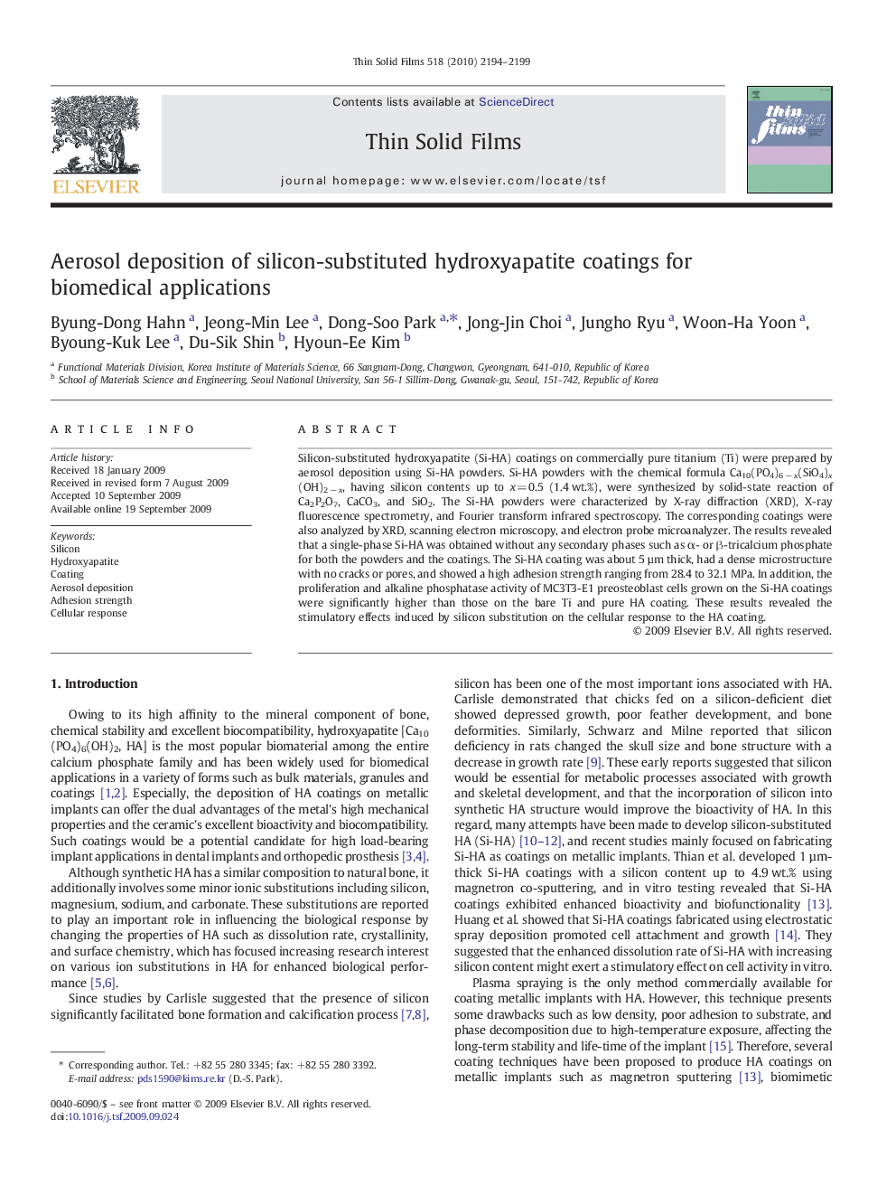 Aerosol deposition of silicon-substituted hydroxyapatite coatings for biomedical applications