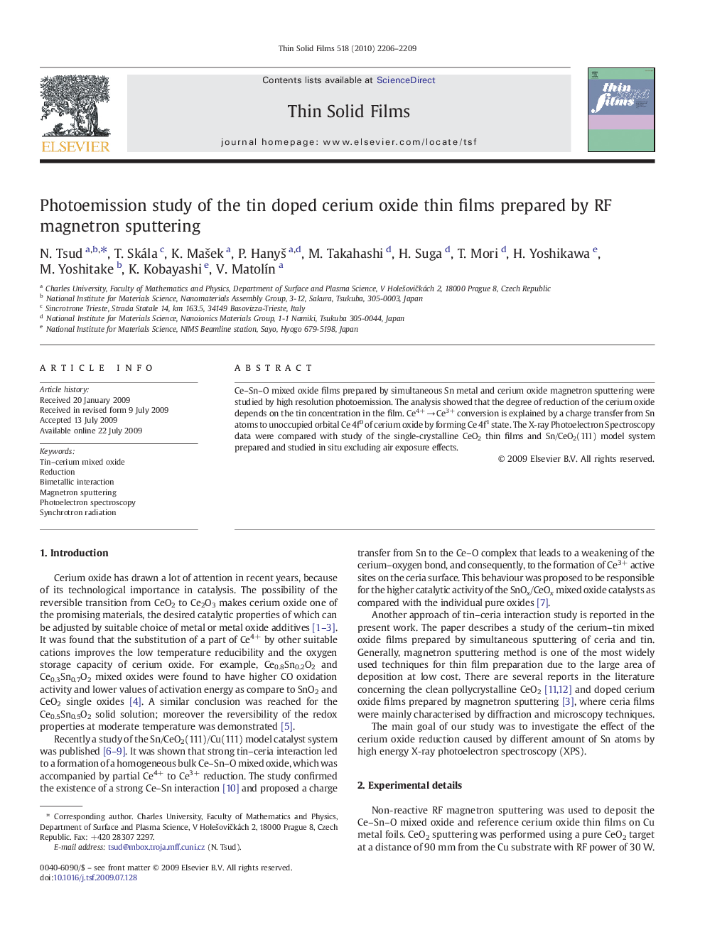 Photoemission study of the tin doped cerium oxide thin films prepared by RF magnetron sputtering