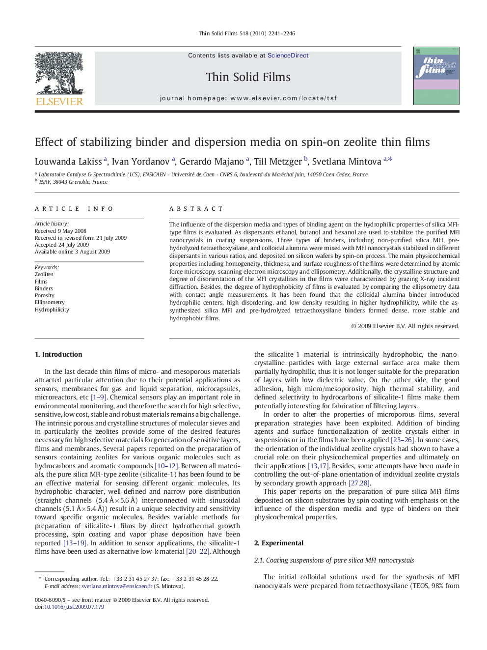 Effect of stabilizing binder and dispersion media on spin-on zeolite thin films