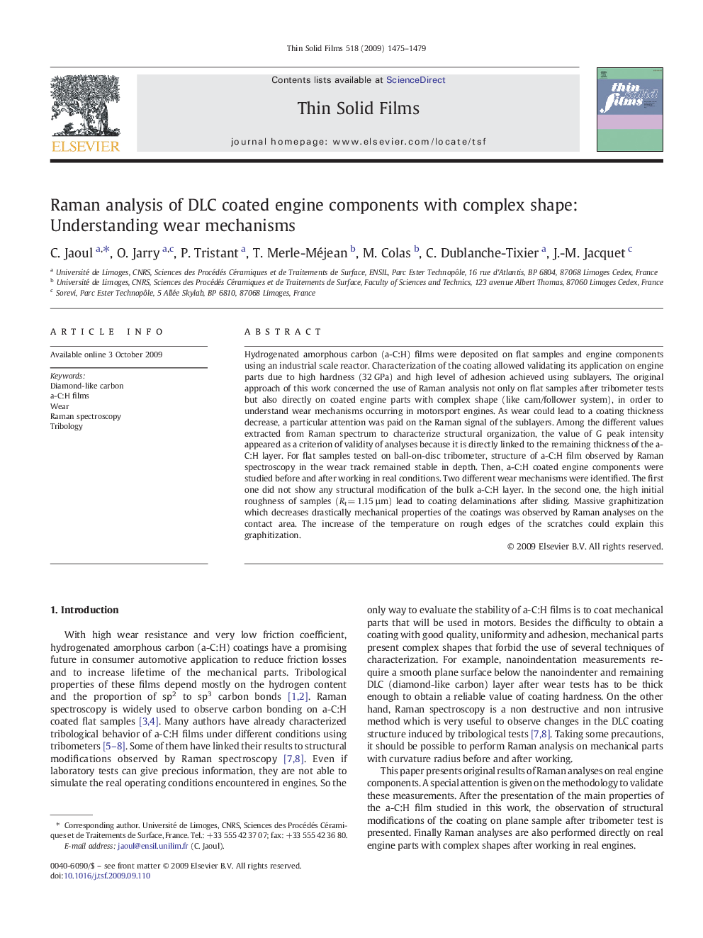 Raman analysis of DLC coated engine components with complex shape: Understanding wear mechanisms