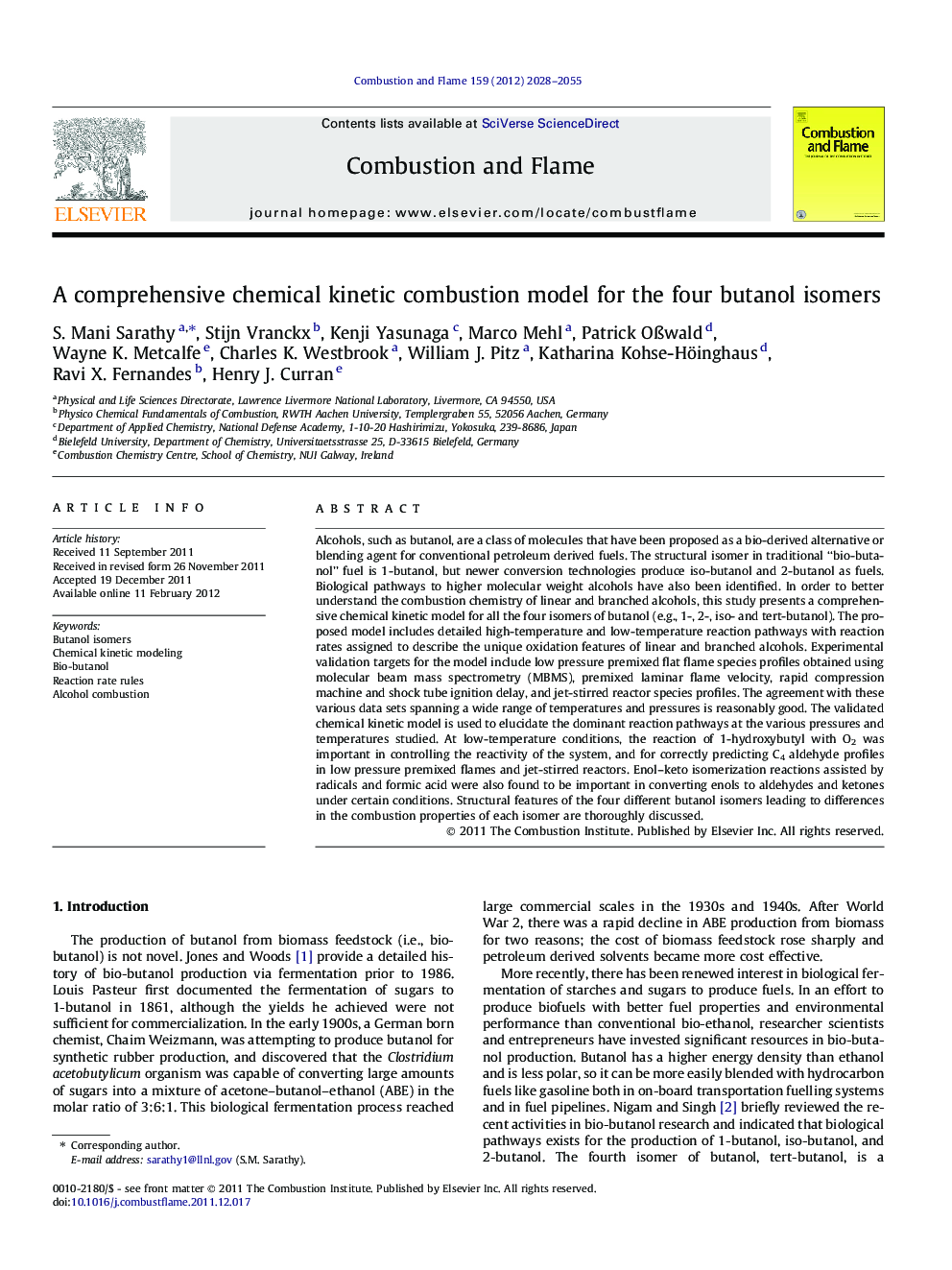 A comprehensive chemical kinetic combustion model for the four butanol isomers