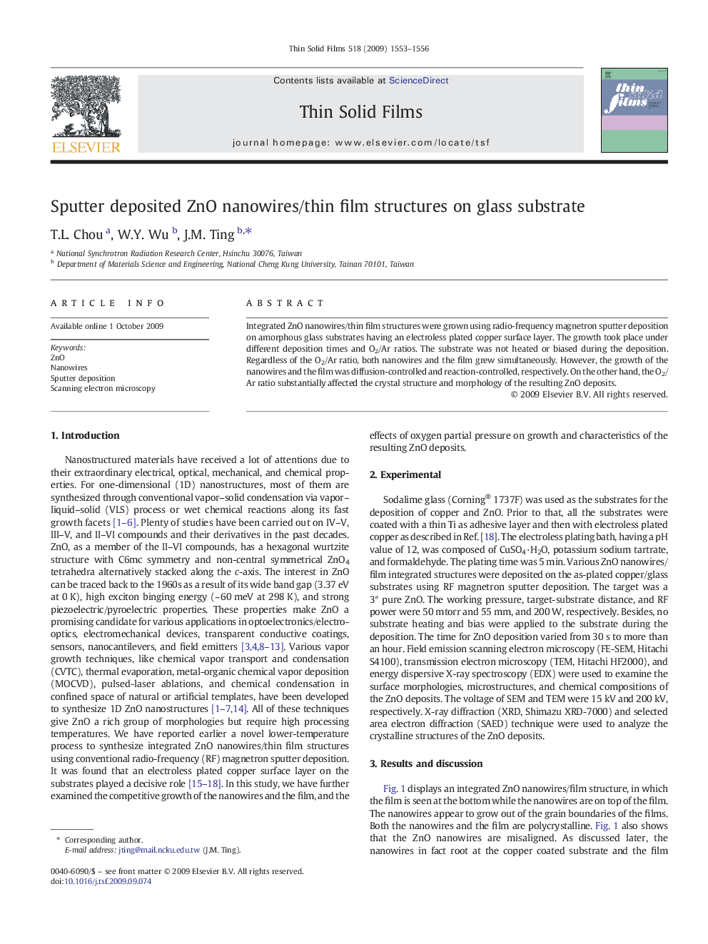 Sputter deposited ZnO nanowires/thin film structures on glass substrate