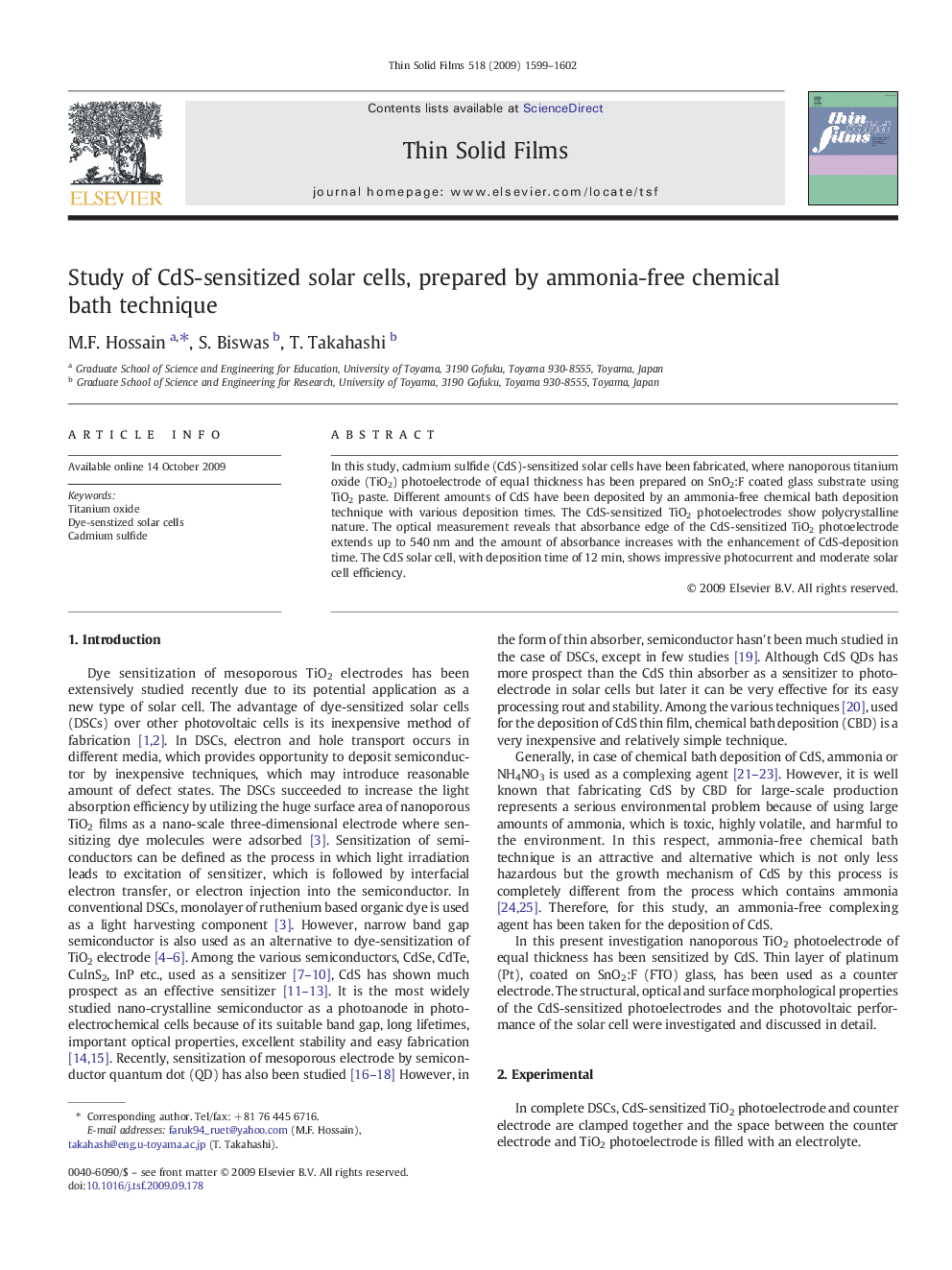 Study of CdS-sensitized solar cells, prepared by ammonia-free chemical bath technique