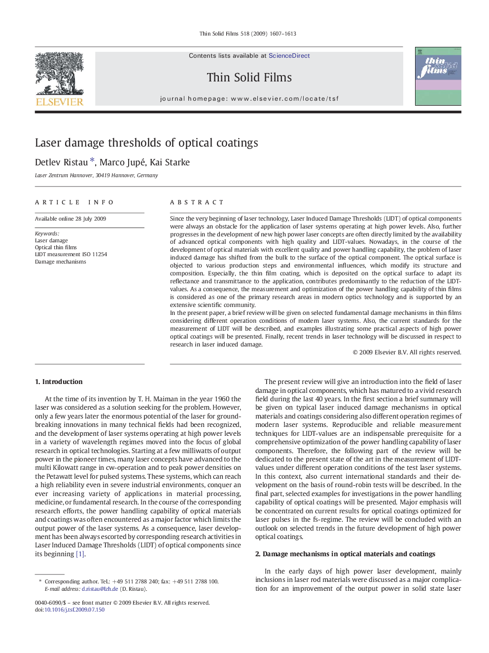 Laser damage thresholds of optical coatings